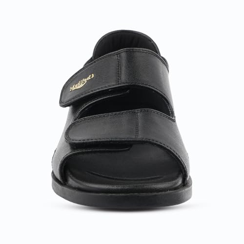 Image of Medifeet Women's Orthopedic Slide Sandals, Leather Cross Strap Comfort Flats with Arch Support, PU Sole, Adjustable Velcro for Foot Pain Relief