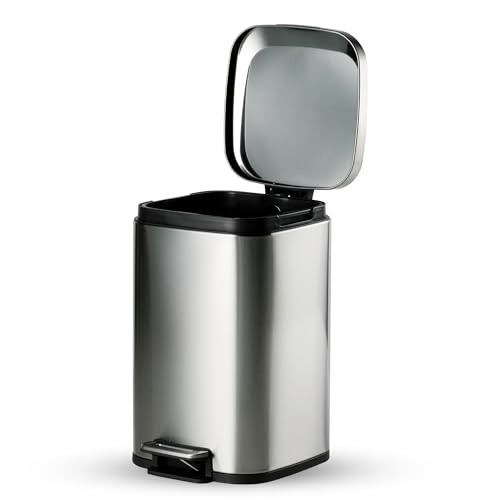 Image of TRAMONTINA 12 Litre Stainless Steel Step Dustbin | Fingerprint-Resistant Finish | Soft-Close Lid | Removable Inner Bucket | Square Trash Can for Home, Office & Hospitality
