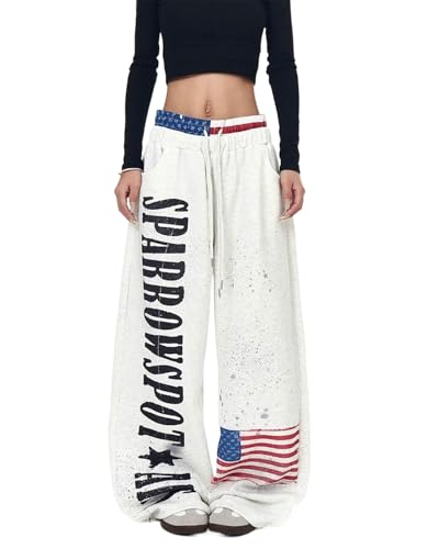 Pantalon Baggy Y2K Streetwear Hip Hop Femme Gris Délavé Jogging Imprimé Lettres Taille Élastique Cordon Style Américain