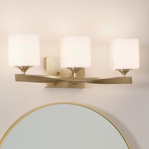 Image of Kichler Marette 23 inch 3-Light Bathroom Vanity Light Fixture with Satin Etched Cased Opal Glass in Champagne Bronze for Bathroom and Powder Room (23 inch x 8.25 inch x 6 inch), 55002CPZ