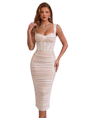 Image of houstil Women's Strap Wedding Guest Dress Velvet Mesh Bodycon Cocktail Party Fishbone Mini Clubwear