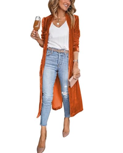 ebossy Women's Vintage Velvet Open Front Cardigan Blazer Suits Silky Loose Fit Long Jacket Coat