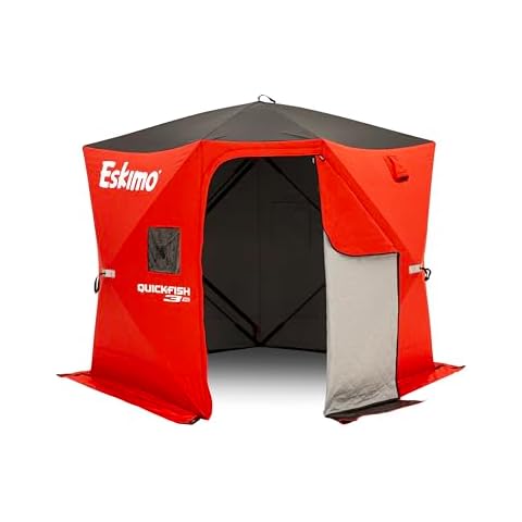 Eskimo QuickFish™ 3HD, Pop-Up Portable Shelter, No-Trip Door, Red/Black, Fully Insulated, Deluxe Ice Anchors, Three Person, Ice Fishing Shelter, 46075 Cover