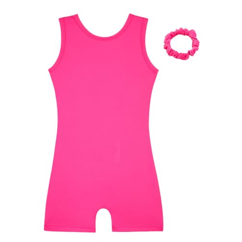 HOZIY Gymnastics Leotards for Girls with Shorts Biketards Dance Tumbling Outfits Matching Scrunchies 1-12 Years Old 3-4T A Solid Hot Pink