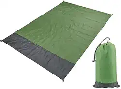 Tapete Impermeável para Camping e Praia, 200x210cm, Verde e Cinza, com 4 Pinos, Mosquetão e Saco de Transporte - Leve, Dobrável e Resistente