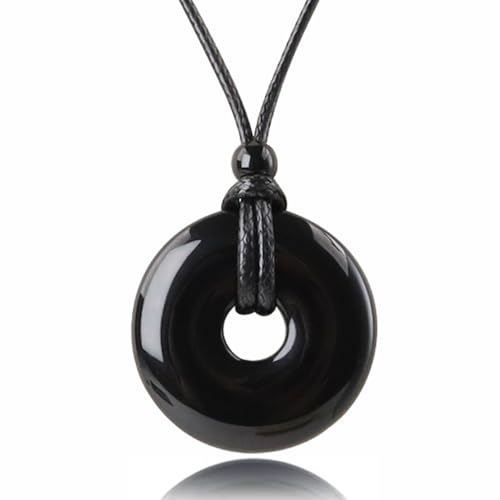 Natural Gemstone Pendant Necklce Lucky Coin Crystal Necklace Donut Pendnat with Adjustable Rope Reiki Healing Crystal for Men Women