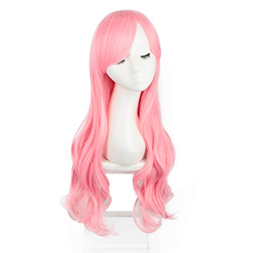 ENTRANCED STYLES Long Pink Wig with Bangs Anime Cosplay Colored Wigs for Women Heat Resistant Wavy Synthetic Wig Party Halloween Costumes Wigs
