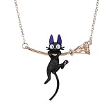 POYAMUSE Lovely Cat on Broom Pendant Necklace - Black Cat Whimsical Jewelry for Women Halloween Costume Jewelry-black cat