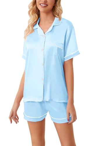 Image of Schbbbta Girls Womens Pajamas, Satin Silky Pjs Set Kids 2Pcs Button-Down Nightwear Sleepwear Gift for Mommy and me
