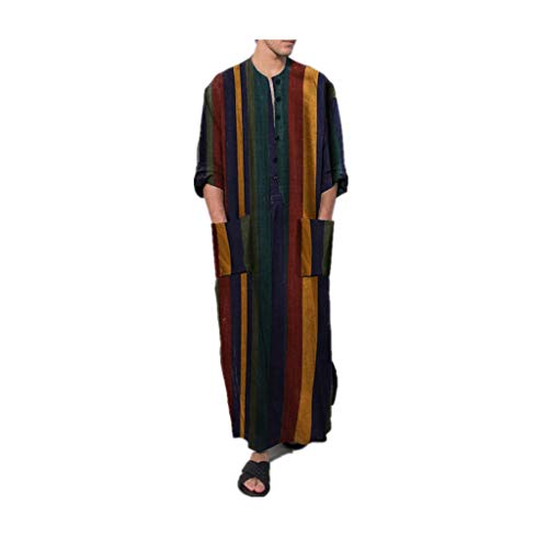 XBTCLXEBCO Mens Muslim Thobe,Men s Kaftan Robe V Neck Roll Up Long Sleeve Cotton Stripe Ultra Long Gown Thobe (Vintage Stripe, 4XL)