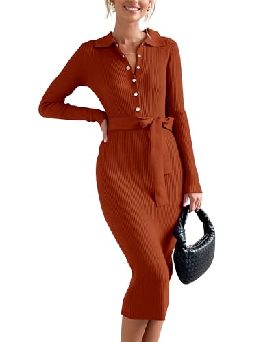 BTFBM 2024 Women V Neck Long Sleeve Bodycon Sweater Dress Button Up Tie Waist Ribbed Knit Midi Pencil Dresses with Belt(Solid Caramel, Small)