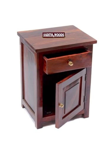 Image of AADITYA WOODS Solid Sheesham Wood Bedside Table Wooden Drawer & Cabinet Storage Side Table | End Tables Night Stand for Home Living Room Bedroom Office