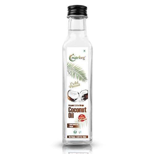 Image of NutriOrg Extra Virgin Coconut Oil 250mL | Cold Pressed, 100% Organic & Pure | Right for Cooking, Massage and oil pulling | Multipurpose use for skin and hair