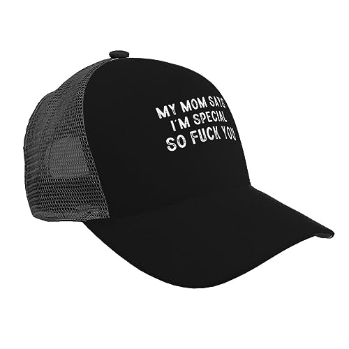 Haebfsl My Mom Says I'm Special So Fuck You Mesh Trucker Hat for Men - Low Profile Baseball Cap Adjustable Dad Cap,Black