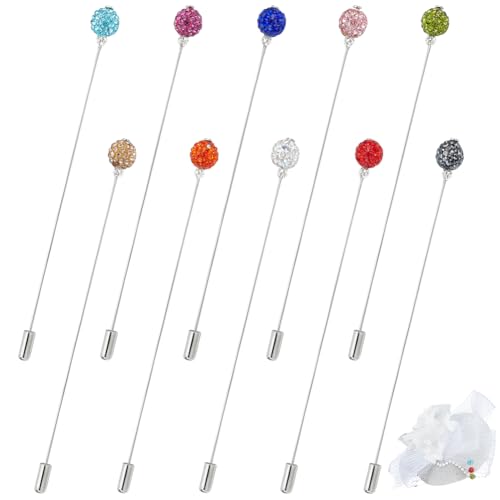PH PandaHall 10PCS Rhinestone Hat Pins Glass Beads Lapel Pin 10 Color Pave Round Beads Stick Pins Brooches Disco Ball Bead Lapel Pin for Tie Hat Cardigan Scarves Wedding Decoration 5 Long