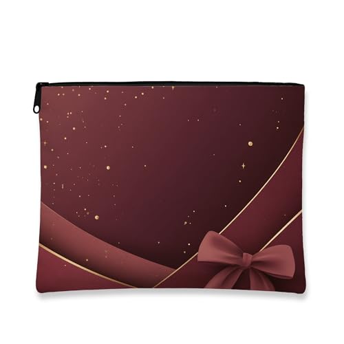 Elegant Makeup Bag, Burgundy Bow Design Cosmetic Travel Pouch for Women, Portable Small Zipper Organizer, Holiday Skincare Toiletry Bag, Burgundy, 7x9 Inch, Pouch