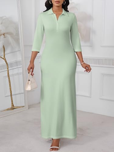 Image of PinkPatty Women's Casual 3 /4 Sleeve Polo V Neck Bodycon Maxi Dress