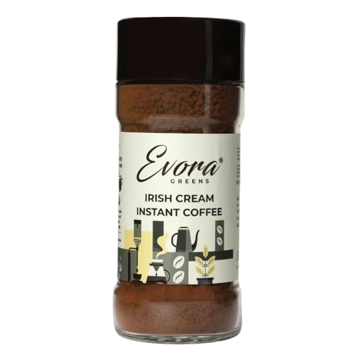 Image of EVORA GREENS Irish Cream Instant Coffee (100 Grams) - 100% Pure Arabica & Robusta Coffee Powder | Make Strong Coffee, Instant Hot Coffee, Cold Coffee, Black Coffee |- Glass Coffee Jar