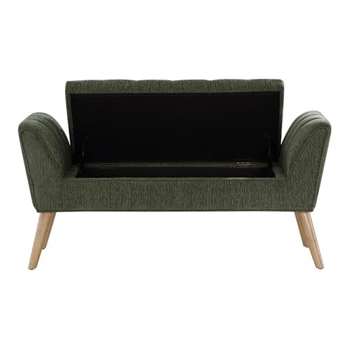 Image of OSP Home Furnishings Castile Mid-Century Modern Storage Bench with Natural Legs, Green Pine Fabric