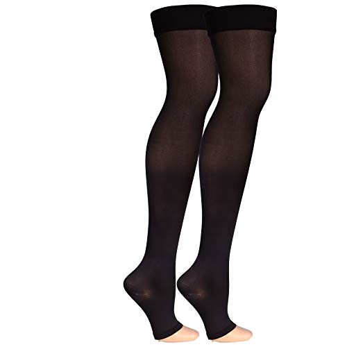 Image of NuVein Medical Compression Stockings, 20-30 mmHg Support, Soft Comfort Microfiber, Thigh Length, Open Toe, Black, Small