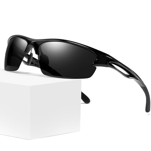 KANASTAL Gafas de Sol Negras Deportivas Curvas Hombre Polarizadas Mujer Envolventes Retro Ciclismo Conducir Protección UV400 - Montura Brillante Negro