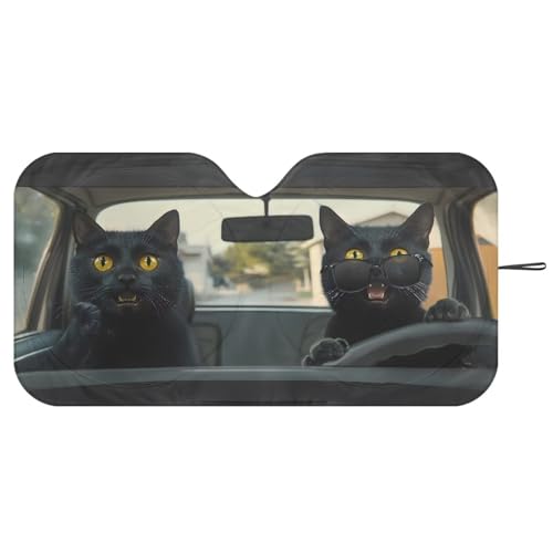 Image of Funny Black Cat Car Interior Accessories Sun Protection Easy to Install Automotive Windshield Sunshades Keep Cool UV Rays Protection for Most Sedan Truck Van