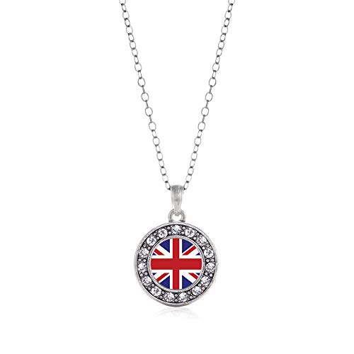 Inspired Silver N-27729 Uk Flag Silver Chain Necklace For Women - Circle Pendant Chain Necklace Jewelry Gift With Cubic Zirconia - Women'S Necklace Charm cover