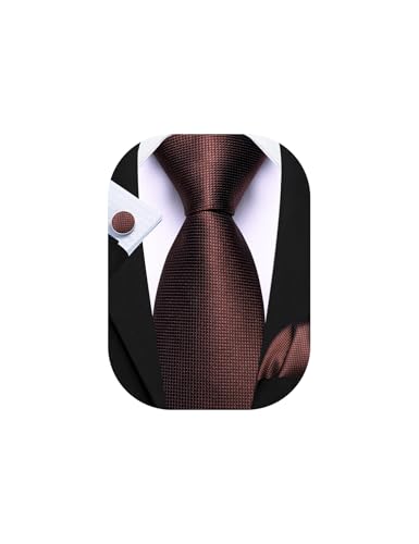 Image of Barry.Wang Brown Tie Mens Silk Solid Color Necktie Pocket Square Cufflinks Set Wedding Formal