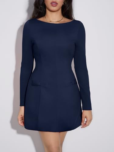 Yousify Womens Boat Neck Mini Dress Long Sleeve A-Line Side Bows Club Party Date Night Bodycon Dresses4