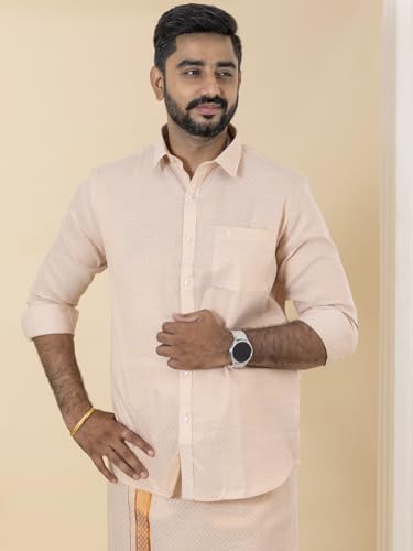 Image of RAMRAJ COTTON Men Gold Tissue Jacquard Full Sleeves Shirt with Matching Dhoti Set