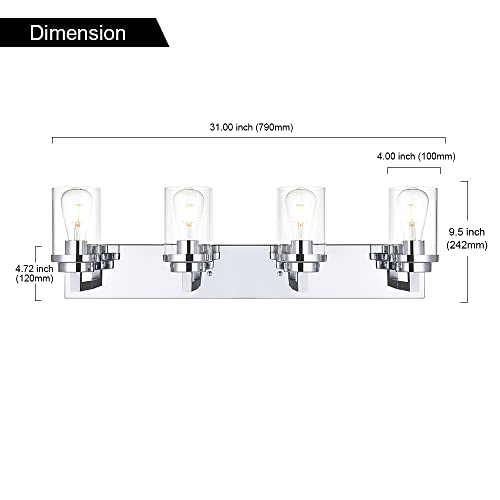 Image of MELUCEE 4-Light Bathroom Lighting, Modern Chrome Vanity Light Fixture Over Mirror, Industrial Wall Mount Light with Clear Glass Shade for Bath Kitchen Living Room