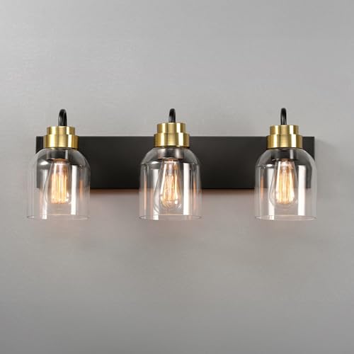 Image of Globe Electric 22 inch 3-Light Matte Black Vanity Light with Matte Brass Accents and Glass Shades