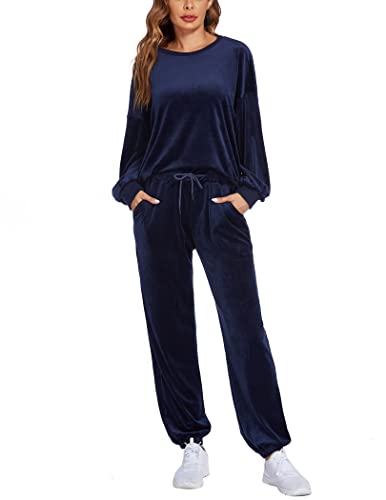 Beyove Chándal de terciopelo para mujer de manga larga y pantalones largos, traje de 2 piezas con bolsillos S-XXL, Azul marino, XL Cover