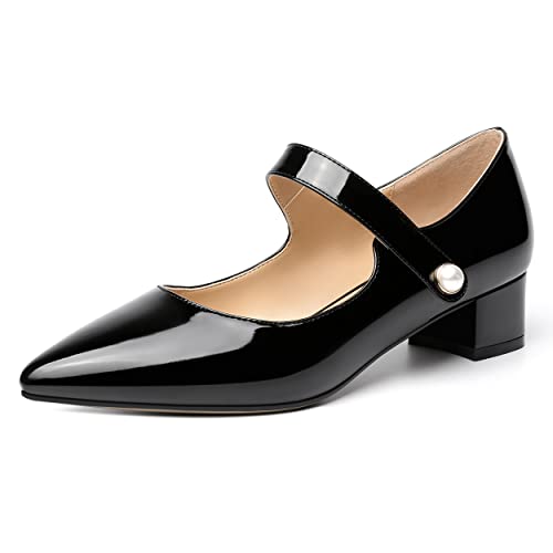 NUMALEO Womens Cute Dating Pearl Pointed Toe Ankle Strap Dress Patent Chunky Low Heel Pumps Shoes 1.5 Inch