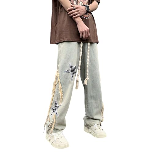 jupkem Men's Baggy Straight-Leg Jeans Y2K Star Print Wide-Leg Retro Distressed Grunge Pants Casual Fashion Streetwear