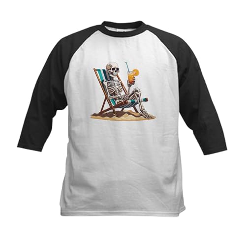 CafePress Beach Skeleton Tropical Halloween Kids Baseball T Shirt Kids Cotton Baseball Jersey, 3/4 Raglan Sleeve Shirt Black/White