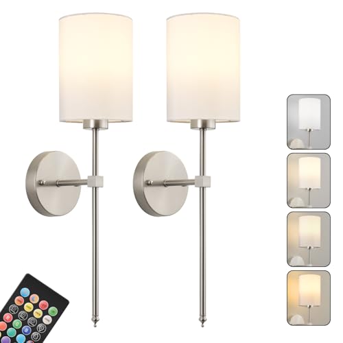 Image of Battery Operated Wall Sconce Set of Two,Wireless Rechargeable Wall Light With Remote Control, Dimmable, 1800K /3000K /4000K /6000K /RGB, Timer, for Living Room, Bedroom, Fireplace, TV, 26.8 Inch, Nickel