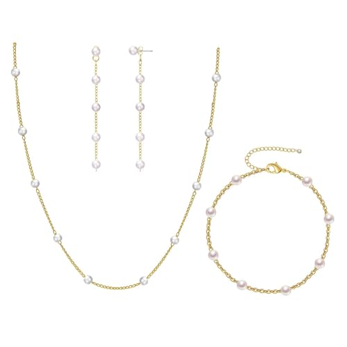 Gold Pearl Necklace For Women Dainty Gold/Silve Plated Layered Choker Earrings Bracelets Wedding Trendy Jewelry Set Women Gifts