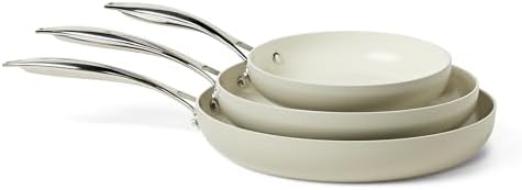 Amazon Basics Ceramic Nonstick Cookware, 3-Piece Set of Pans, All Cooktop Friendly, Dishwasher-Safe, Linen Gray