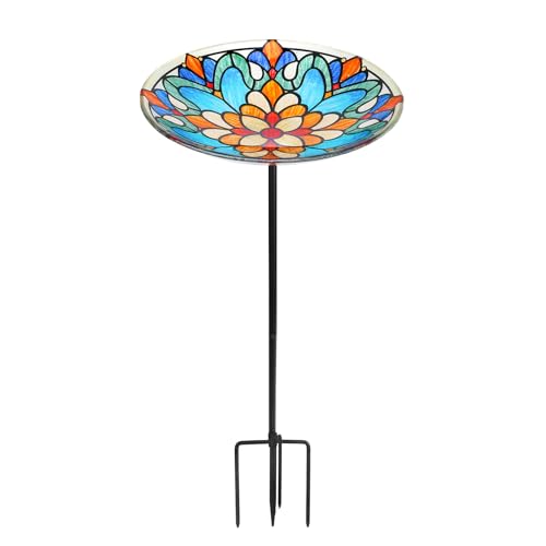 DREAM GARDEN Glass Bird Baths for Outdoors, Garden Birdbaths Birdfeeder 10" Dia Bowl with Metal Stake for Lawn Yard Decor, 24 Inch Height, Flower