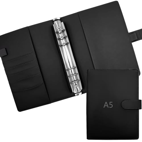 ROEOWENE Classeur à Anneaux A5 Rechargeable Classeur 6 Anneaux Cuir Couverture de Carnet de Notes Couverture Budget Enveloppe pour Recharge Agenda A5,Planificateur-Noir