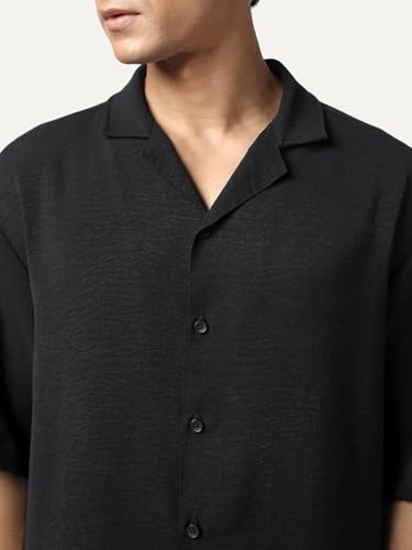 Image of Urbano Fashion Men's Cotton Half Sleeve Relaxed Fit Textured Shirt with Cuban Collar
