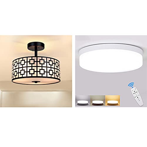 Dinglilighting Modern Semi Flush Ceiling Light Fixture And 24W Dimmable Led Flush Mount Ceiling Light Fixture With Remote For Bedroom/Kitchen/Bathroom/Hallway #TOP21
