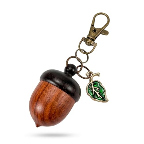 JDGHGB Wood Acorn Keychain Pill Holder with Screw Cap Openable Funny Keychain Box with Green Enameled Leaf Decor Zinc Alloy Lobster Clasp Cute Key Chain Charms Accessories