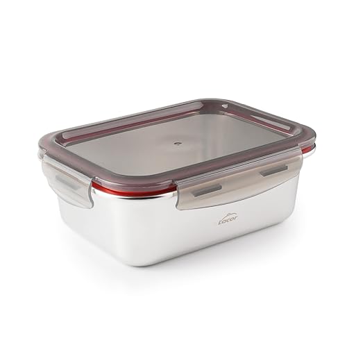 LACOR - 64622 - Recipiente para alimentos rectangular Ecoinox, Acero inoxidable 18/10, 260 ml, Apto para microondas, horno, congelador y lavavajillas, Hermético, 4 Cierres de clip, BPA Free
