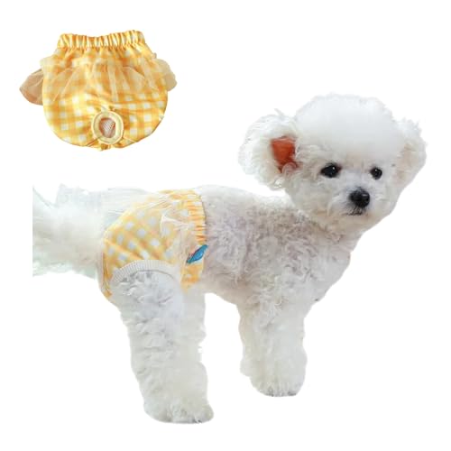 Image of Small Dog Sanitary Panties, Lace Washable Reusable Cute Puppy Panties Pet Underwear Diaper Physiological Shorts for Female Girls Dogs(Yellow Plaid,S