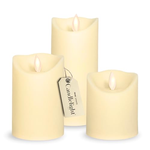 Candlelight by Fever Official Flickering Flameless Candles - 3pk Battery Operated Candles Realistic Moving Wick Plastic Pillar LED Candles Unscented Matte Velvety Finish 150+ Hr Life (6 4.5 3.5)
