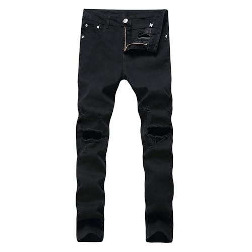 Men Distressed Denim Pants Loose Fit Ripped Relaxed Jean Comfort Flex Waist Straight Leg Jeans
