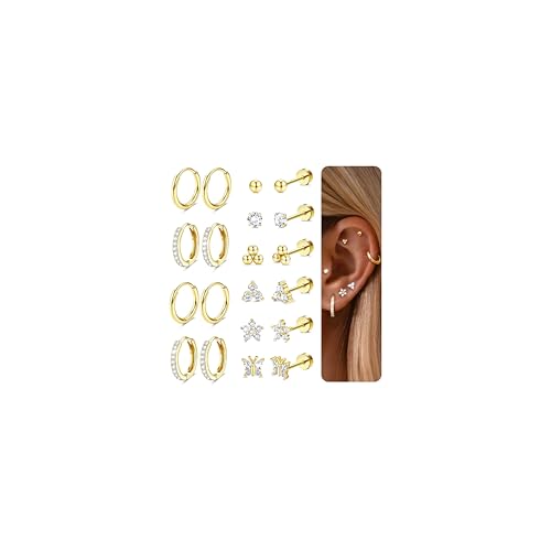 Sanfenly Hypoallergenic Flat Back Earrings for Women 20G Surgical Steel Earrings for Sensitive Ears Stainless Steel Earring Stacks 14K Gold Small Flatback Stud Hoop Cartilage Earring Sets for Multiple Piercing