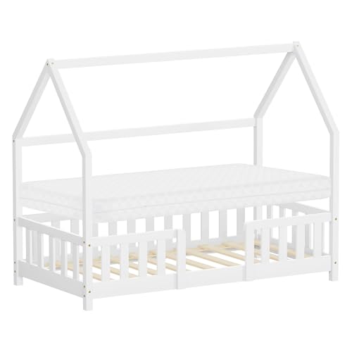 ML-Design Cama Infantil 80x160cm Blanco, con Colchón, Protección Anticaída, Techo y Somier, Listones de Madera de Maciza de Pino Lecho Montessori Forma de Casa Mobiliario Juvenil, para Niños